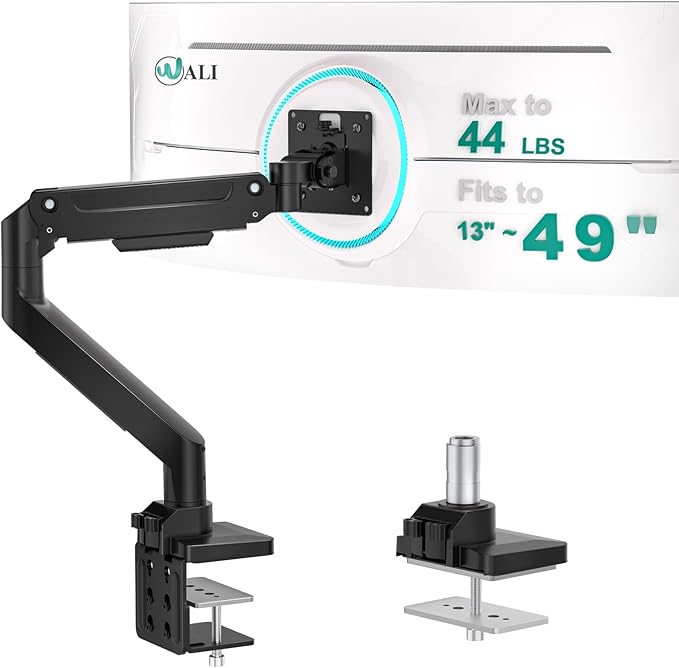 WALI Ultrawide Single Monitor Arm for 13-49 Inch Heavy Duty Curved Screens, up to 44 Lbs, Adjustable Single Monitor Desk Mount with C-Clamp, Grommet Base, 75/100mm VESA (GSM001XL), Black