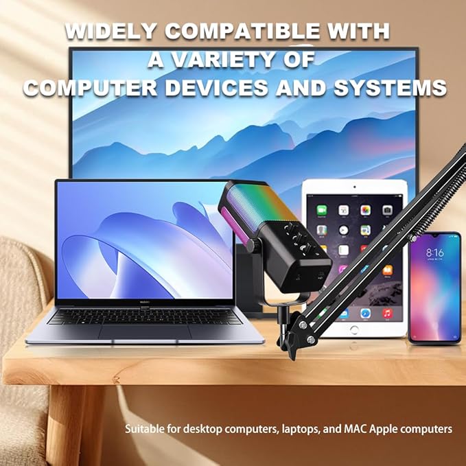 M7 USB Gaming Microphone with Boom Arm - Professional RGB Condenser Mic for PC/PS5 - Triple-Knob Control (Mic Gain, Headphone Vol, Monitor Mix) - Zero Latency Streaming Kit Mic Black