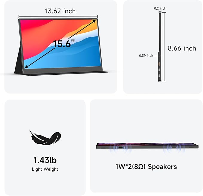 memzuoix 15.6" 60hz FHD 1080p Portable Monitor with Black Smart Cover and 2 Built-in Speakers, for Laptop PC Mac Phone Xbox PS4/PS5