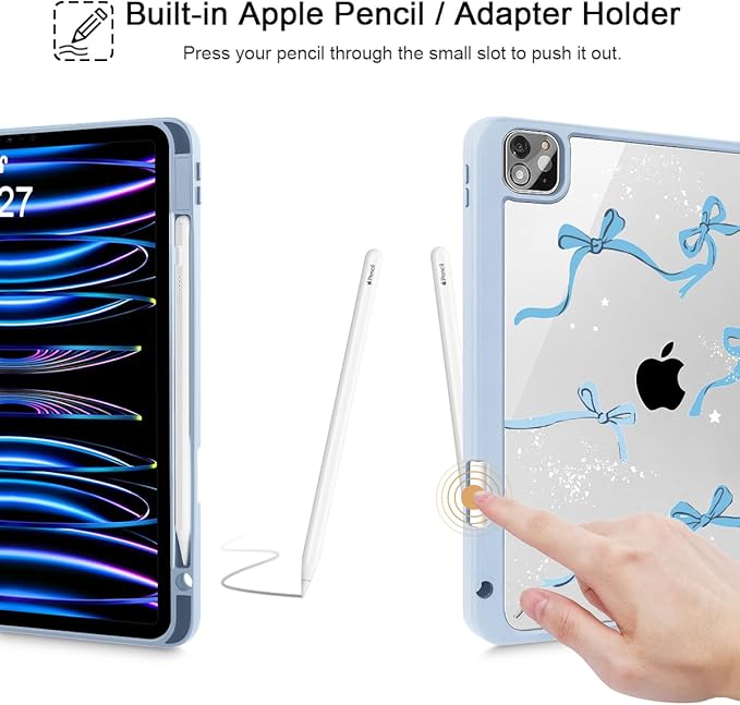 Tuiklol for iPad Pro 12.9 Inch 6th/5th/4th/3rd Generation 2022 2021 2020 2018 Case,Built-in Pencil Holder Clear Transparent Protective Back Shell Cover with Auto Sleep/Wake, Bow-Blue