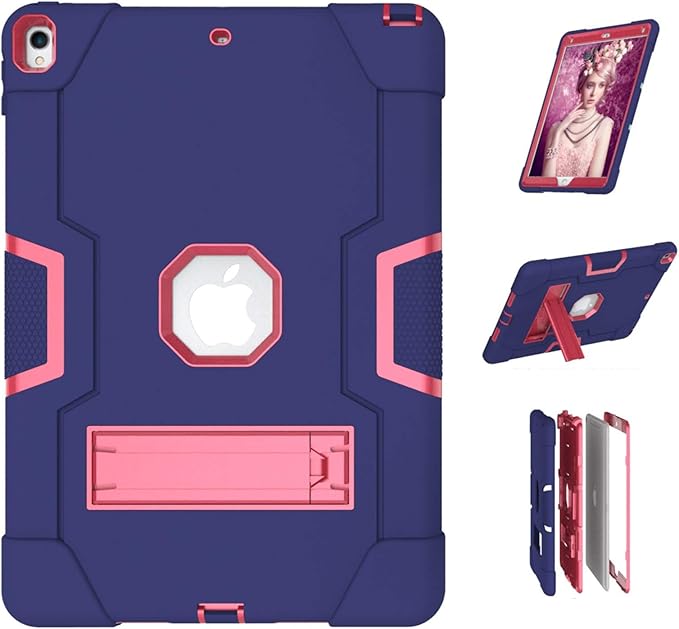 3 in 1 Hybrid Case for iPad Air 3 10.5" & iPad Pro 10.5" - Heavy Duty Rugged Stand, Shockproof, Anti-Slip, Anti-Scratch, Blue/Rose Red