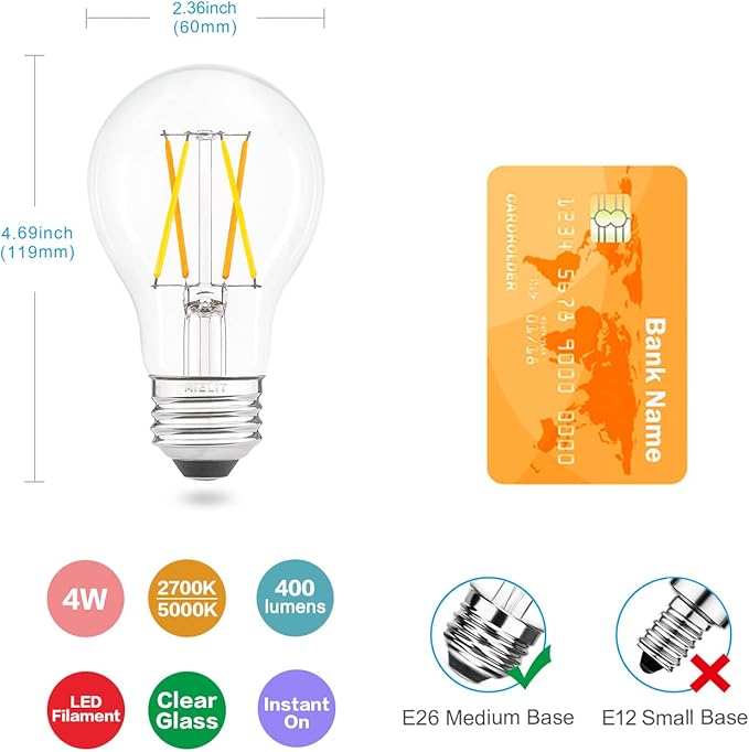 Remote Control Smart Edison A19 LED Light Bulbs- E26 Standard Base- Dimmable 4W(40W Equivalent)- Adjustable Color Temperature (2700K- 5000K)- No App or Wi-Fi Required- Remote Included- 4 Pack