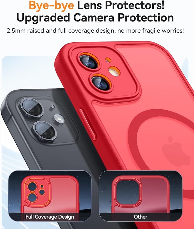 CANSHN Magnetic for iPhone 12 Mini Case, Upgraded [Full Camera Protection] [Compatible with Magsafe] [Translucent Matte] Shockproof Protective Phone Case for iPhone 12 Mini 5.4" - Red