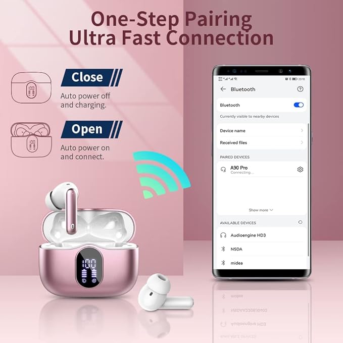 Wireless Earbuds Bluetooth 5.3 Headphones Bass Stereo Ear Buds with Noise Cancelling Mic LED Display in Ear Earphones IP7 Waterproof 36H Playtime for Laptop Pad Phones Sports Workout Pink Gold