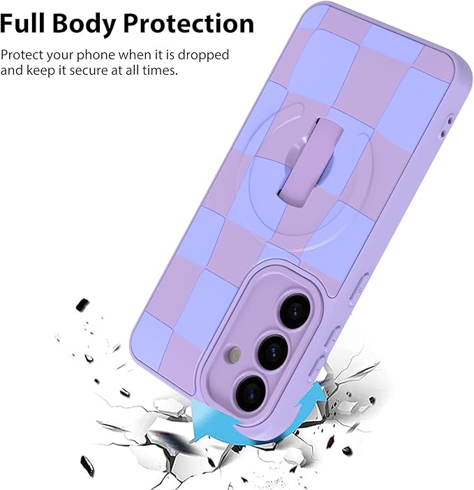 KANGHAR Compatible with Samsung Galaxy S25 Case, Support for MagSafe, Silicone Checkered Cute Pattern, Wristband Kickstand Camera Protection Soft Slim Cover for Girls Women -Purple