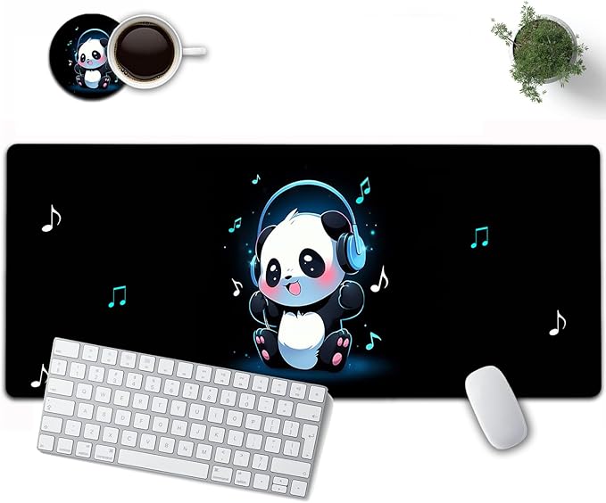 Large Mouse Pad, 31.5 x 11.8in Extended Gaming Mouse Pad with Stitched Edges, XXL Mousepad Protector Non Slip Rubber Base for Office and Home Writing Mat, Cute Panda Pattern Black Desk Mat