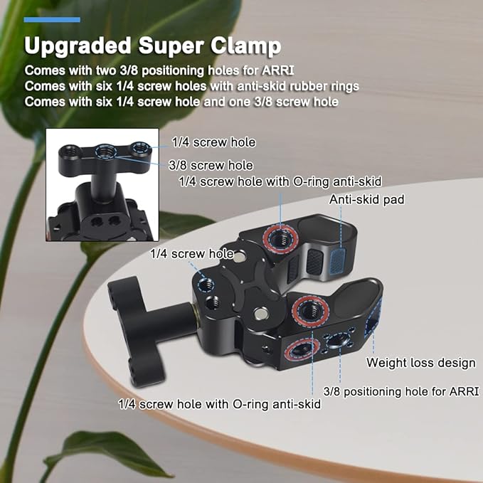 Super Clamp, Camera Clamp Mount with Locating Pin for ARRI Standard, 1/4"-20 & 3/8"-16 Thread Versatile Strong C Clamp Accessories Compatible with Gopro/Monitor/LED Lights/Flash/Microphone