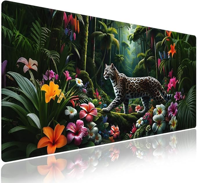 Extra Large Gaming Mouse Pad (31.5" x 11.8") with Durable Stitched Edges – Wild Leopard in a Lush Jungle Colorful Floral Rainforest Exotic Design, Anti-Slip Rubber Base Extended XXL Desk Mat