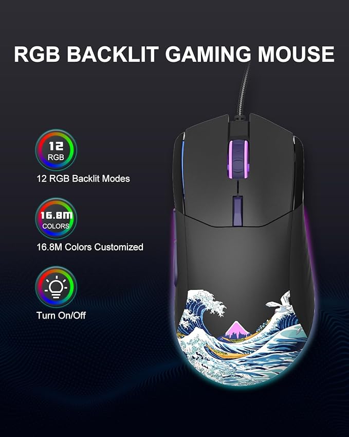 COSTOM Womier USB Wired Gaming Mouse for PC Computer Windows Mac Laptop, Lightweight Silent RGB Backlit Mouse with Adjustable 12000DPI/7 Programmable Side Buttons,Black Kanagawa Theme-G705 V2