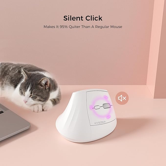 KYSONA 57° Ergonomic Wireless Tower Mouse, Vertical Quiet Ergo Mouse, Bluetooth(BT5.0,BT3.0)&2.4G, (800/1200/2400/2400/4000), 5 Buttons for Windows, macOS, iPadOS, Laptop, PC,White