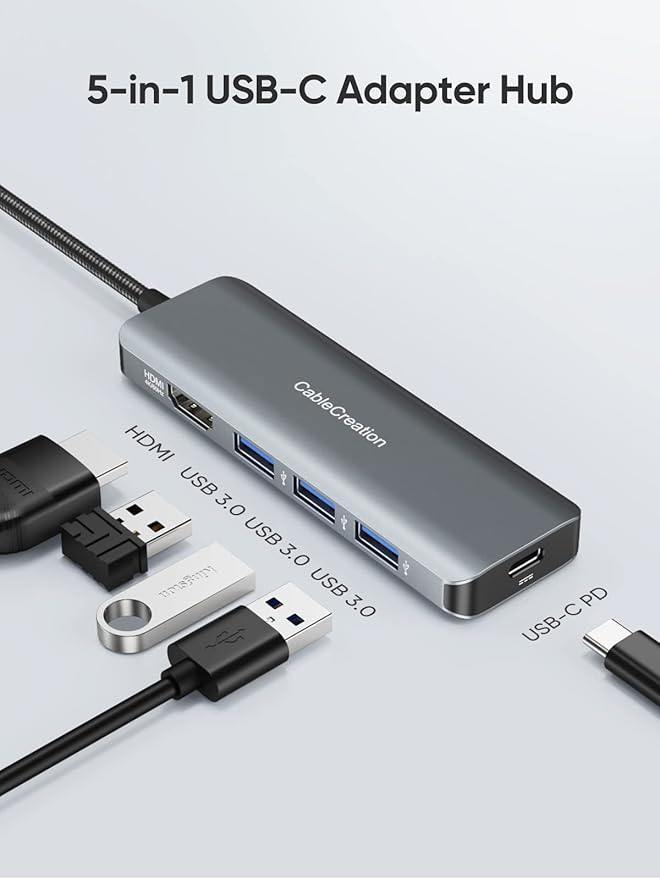 CableCreation USB-C Hub 4K 60Hz, 5-in-1 USB C Multiport Adapter with HDMI and 3 USB 3.0 Ports, 100W Power Delivery, Compatible with MacBook Pro, MacBook Air, Mac mini, iPad Pro, Surface Pro, XPS