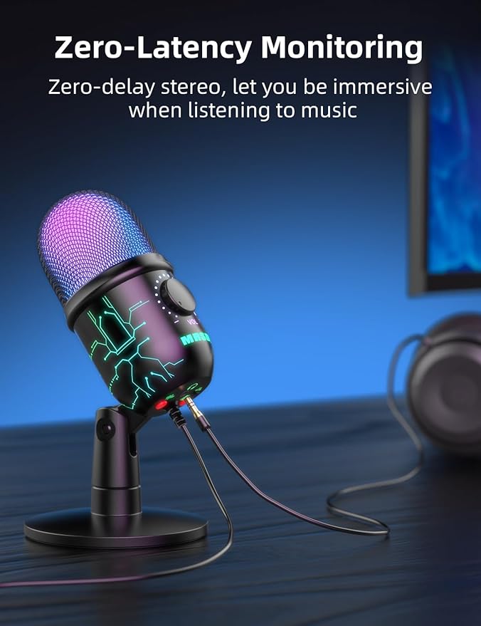 MRSDY Gaming Microphone, USB Computer Microphone for PC, Mac, PS4/5, Condenser Podcast Mic for Studio Recording, YouTube, Streaming, with Headphone Jack, Led Light, Mute, Gain, Noise Cancellation