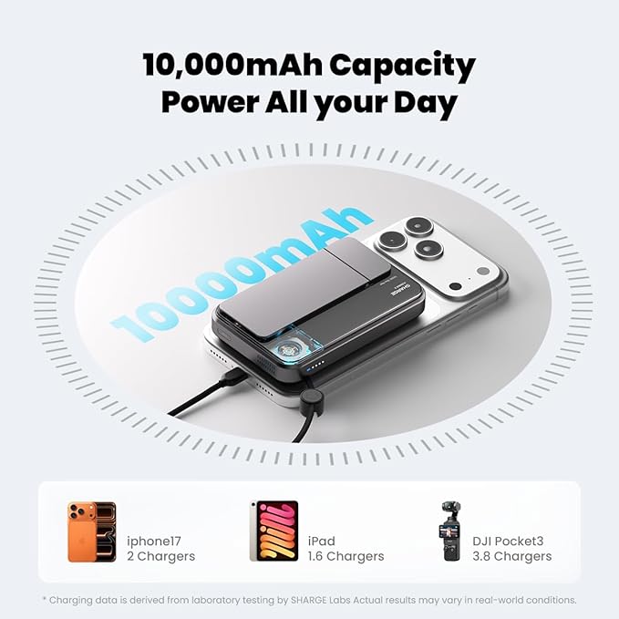 sharge ICEMAG 3 MagSafe Portable Charger, Qi2.2 25W Magnetic Power Bank 10000mAh 35W USB-C Fast Charging, with Active Cooling& Built-in Cable, Transparent RGB Design for iPhone 17e/16/15 Series