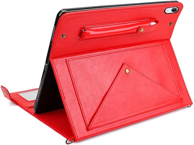 Handbag Case for iPad (A16) 11" 2025 & iPad 10th Gen 10.9", Techcircle Folio Stand PU Leather Multi-Card Slots Envelope Pocket Wallet Cover with Hand Strap+Shoulder Strap+Pen Holder, Red