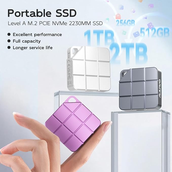 MAIWO 2TB Portable External Solid State Drive Build-in M.2 2230 PCIe NVMe SSD, USB C 3.2 Up to 1050MB/s, Mini Cute PSSD for iPhone 15 16 17 Pro Max MacBook Pro Air, Aluminum (Pinkish Purple)