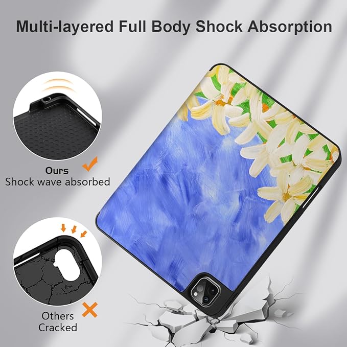 MEEgoodo for iPad Pro 12.9 Case M2 6th/5th/4th/3rd Generation 2022 2021 2020 2018 with Pencil Holder, Tablet Cover with Soft TPU Back Shell, Summer Flowers