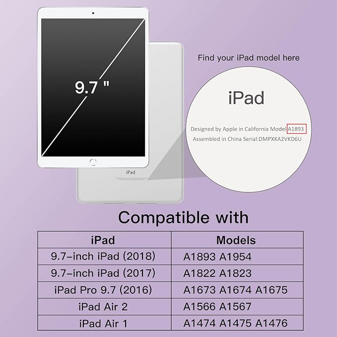JETech Kids Case for iPad 9.7 Inch (6th/5th Generation, 2018/2017), iPad Air 2/1 9.7 (2nd/1st Gen, 2014/2013) and iPad Pro 9.7 2016, Shockproof Lightweight Tablet Cover with Handle Stand (Purple)