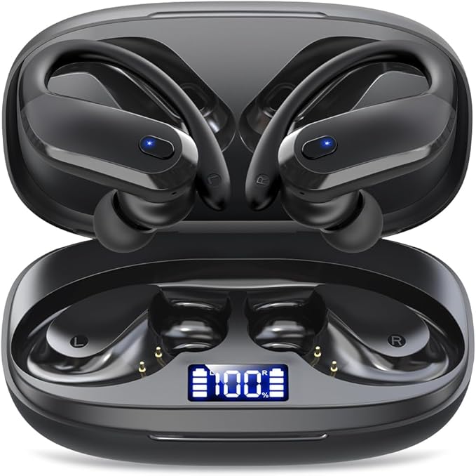 Wireless Earbuds,Bluetooth 5.4 Ear buds,Sport Headphones with Earhooks,IPX7 Waterproof Bluetooth Headphones,80H Playtime Earbuds,Weight 7.8g,Noise Cancelling Mic for Earphones Running & Workout-Black