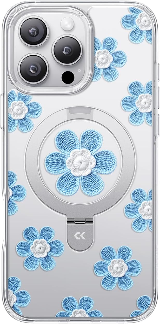 CASEKOO Floral Series Blue Flowers for iPhone 16 Pro Max Case with Magnetic Ring Stand [Compatible with MagSafe] [Military-Grade Protection] Fashion Clear Back, Soft Edge, for Women