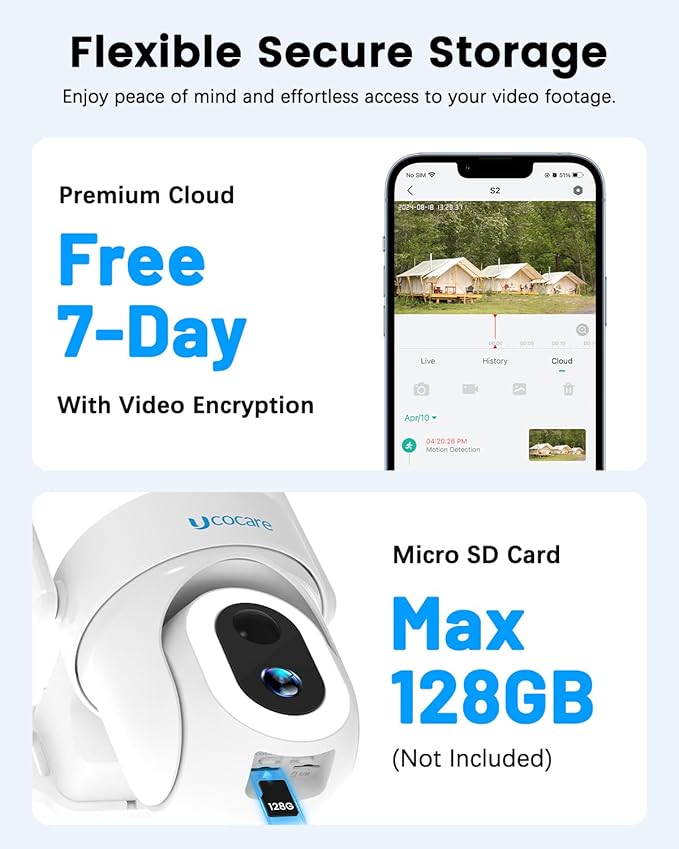 UCOCARE 4G LTE Cellular Security Camera Solar, No WiFi Outdoor Camera with SIM Card, 4MP HD 360° Pan Tilt, Color Night Vision, Motion Alerts, Off-Grid Camera for Farm Ranch Cabin Construction Site