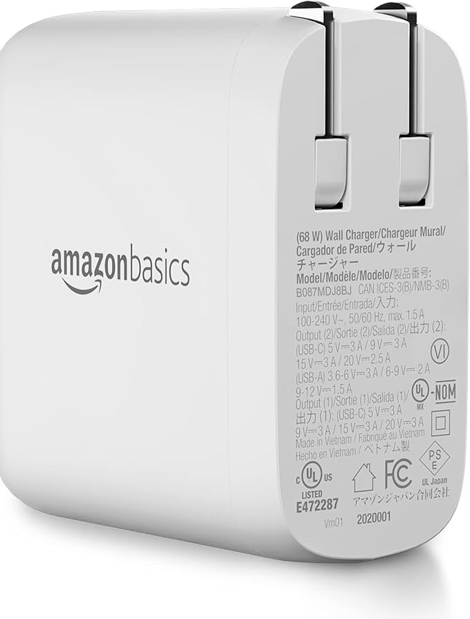 Amazon Basics 68W Two-Port GaN Wall Charger with 1 USB-C (60W) & 1 USB-A Ports (18W) with PD for Laptops, Tablets & Phones (iPhone 16/15/14/13/12/11/X, iPad, MacPro, Samsung, More), Non-PPS, White