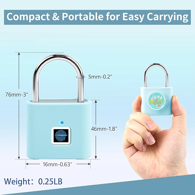 UMIKSMART Fingerprint Padlock with Silicone Protective Cover & Charm, Smart Keyless Padlock for School Locker, Gym Locker, Backpack and Travel Bag, Gift for Kids, Teens and Friends, Fun Blue Set