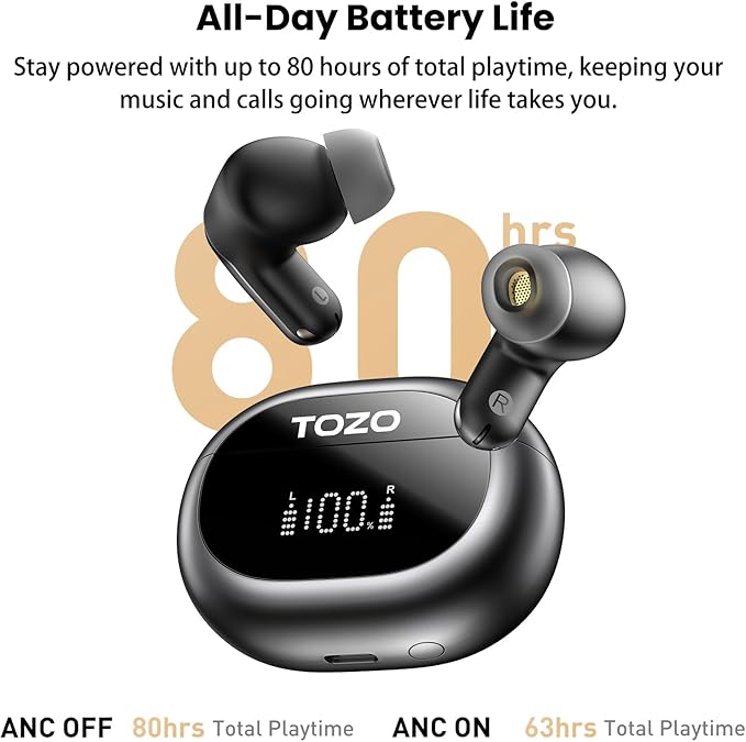 TOZO NC20 Active Noise Cancelling Wireless Earbuds, LDAC Hi-Res Sound Bluetooth Headphones, 6 Mics AI Call Ear Buds 80H Playtime, Dual Pairing, 32 EQ via App, IPX8 Waterproof, Wireless Charging Case