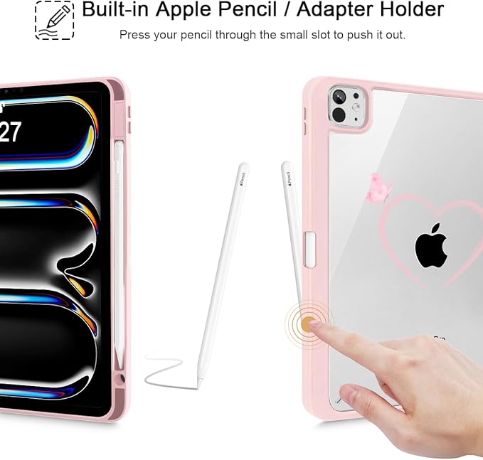 May Chen for iPad Pro 13 Inch Case M5 2025 / M4 2024, Built Pencil Holder & Clear Transparent Print Back Shell Slim Stand Shockproof Tablet Cover, Auto Wake/Sleep, Bow & Rose Flower
