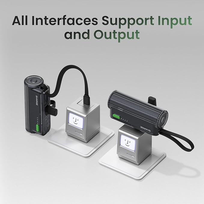 sharge Flow Mini 2 Power Bank with Built-in Cable 22.5W Max Portable Charger for Travel, Fast Charging Battery Pack with iOS and USB-C Connector for iPhone 17/16/15/14, Galaxy, Google, and More