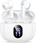 ZZU Wireless Earbuds Bass Stereo Headphones Bluetooth 5.3 Ear Buds, 48H Playtime, LED Display in Ear Earphones with Mic, IPX7 Waterproof, Touch Control Lightweight for iPhone/Sports/Laptop White