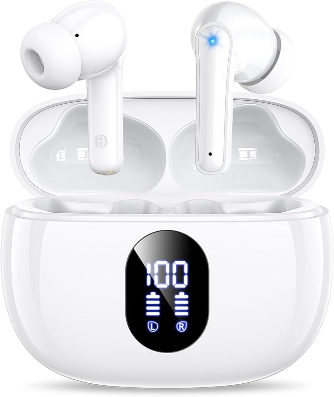 ZZU Wireless Earbuds Bass Stereo Headphones Bluetooth 5.3 Ear Buds, 48H Playtime, LED Display in Ear Earphones with Mic, IPX7 Waterproof, Touch Control Lightweight for iPhone/Sports/Laptop White