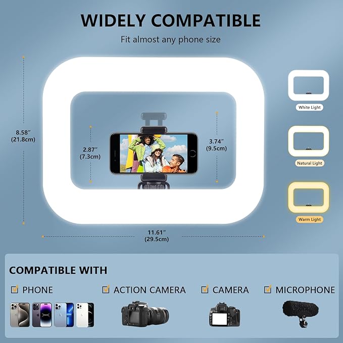 Rechargeable Portable Ring Light for Phone, LED Smartphone Light, Phone Video Stabilizer, Square Ring Light for Photography, Video Recording, Live Stream