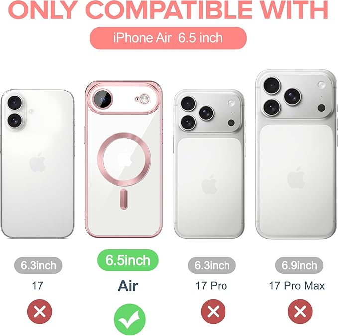 Hython Magnetic Clear for iPhone Air Case with Camera Lens Protector [Compatible with MagSafe] Luxury Plating Edge Slim Soft TPU Cover Protective Phone Case for iPhone Air 6.5", Matte Pink