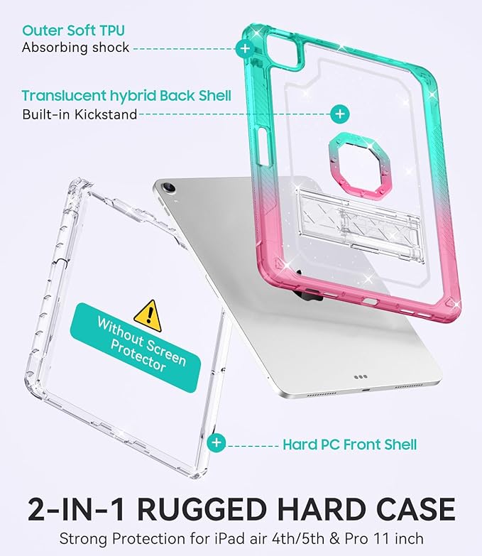 ZoneFoker Case for iPad Air 5th/ 4th Generation Case (2022/2020) 10.9'', for iPad Pro 11 Inch (4th/3rd/2nd/1st Gen), Hard Slim Cover for iPad Air 5 4 th with Pencil Holder/Stand, Pink to Teal Glitter