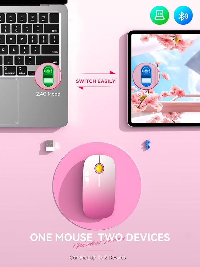 Bluetooth Wireless Mouse - (BT5.1+USB) Slim Dual Mode Computer Mice with Quiet Click, Low Power, and 1600 DPI, Portable Cordless Mouse for MacBook, Laptop, iPad Pro/Air(Gradient Pink)