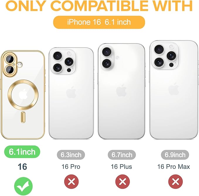 Hython Magnetic Clear for iPhone 16 Case with Camera Lens Protector [Compatible with MagSafe] Luxury Plating Edge Slim Soft TPU Cover Protective Phone Case for iPhone 16 6.1", Gold