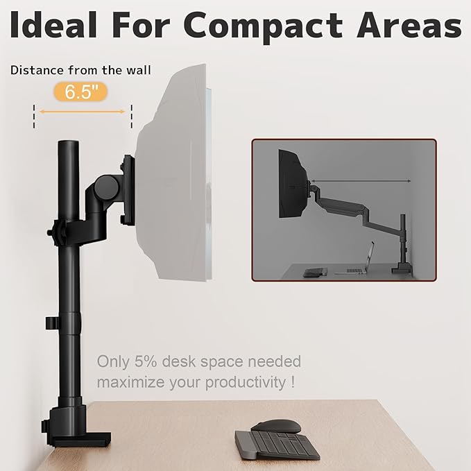Monitor-Arm Ultrawide Heavy Duty 24-57'' - Aluminum Single Monitor Mount Holds up to 59.4lbs, Adjustable Desk Mount Stand, VESA 75/100 mm, Black