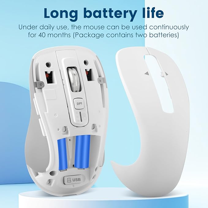 CITLLA Wireless Bluetooth Mouse (USB + BT1 + BT2), Full Size, 4-Way Scrolling, Multi-Device Silent Mouse for Computer, Laptop, iPad, MacBook (White)