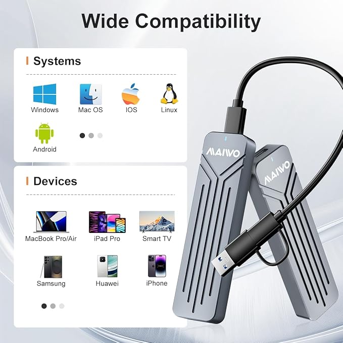 MAIWO M.2 NVMe SSD Enclosure 10Gbps, USB 3.2 GEN2 Support UASP Trim, 8TB Capacity, Aluminium USB C NVMe Reader for 2230/2242/2260/2280 M-Key