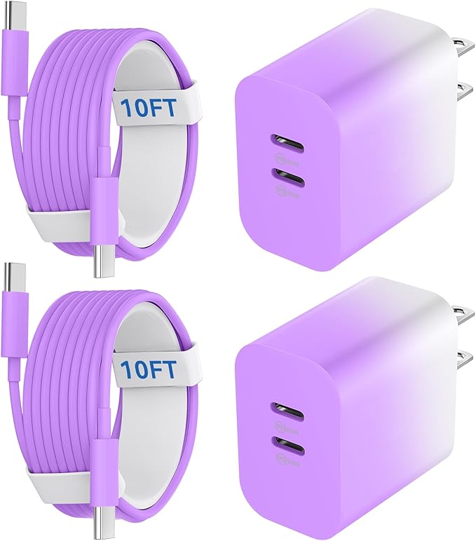 20W Dual Port USB C Charger Block,Phone 17 16 15 Pro Max Charger Fast Charging with 10FT Long USB C to C Charging Cable Cord for 17 16 Pro Max/17 16Pro/15/15Plus,Android Phone-Gradient Purple