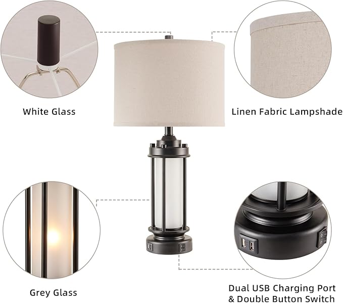 AIEAMPDO Set of 2 Modern Table Lamps for Living Room Bedroom, 25'' Black Retro Industrial Metal Lamp with Glass Nightlight, Contemporary Desk Lamp for Bedside End Table Office, 4 Bulbs Included