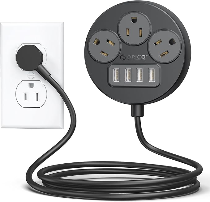 ORICO Power Strip, 45° Flat Plug Extension Cord with 3 AC Outlets and 4 USB-A Charging Ports, 5FT Black Compact Outlet Extender for Cruise/Travel/Home/Office - PSO