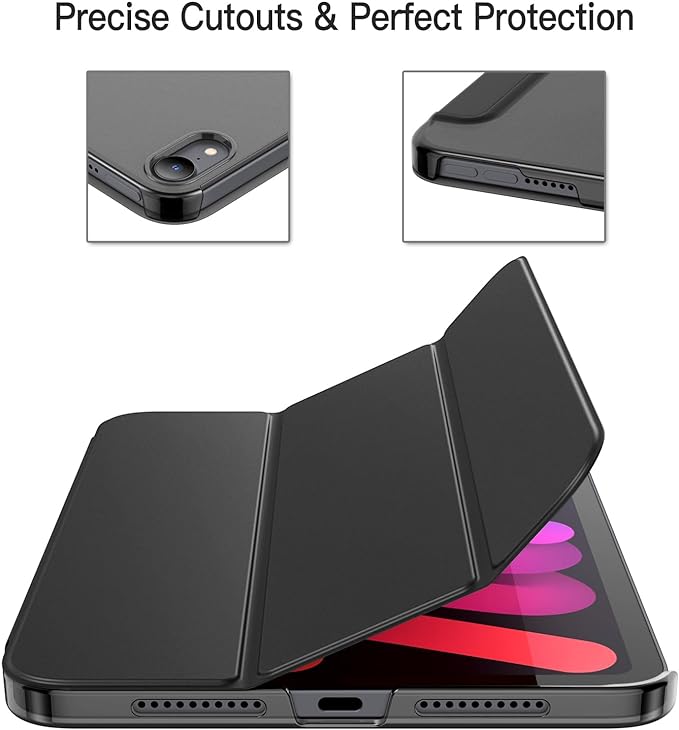 JETech Case for iPad mini (A17 Pro, 2024 Model, 7th Generation) / mini 6 (2021 Model, 6th Generation), Slim Stand Hard Back Shell Smart Cover with Auto Wake/Sleep (Black)