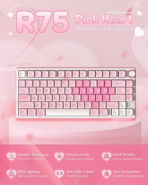 RK ROYAL KLUDGE R75 Mechanical Keyboard Wired with Volume Knob, 75% Keyboard Gasket Mounted, Hot Swappable, Creamy Sound, MDA Profile, PBT Keycaps, Pink