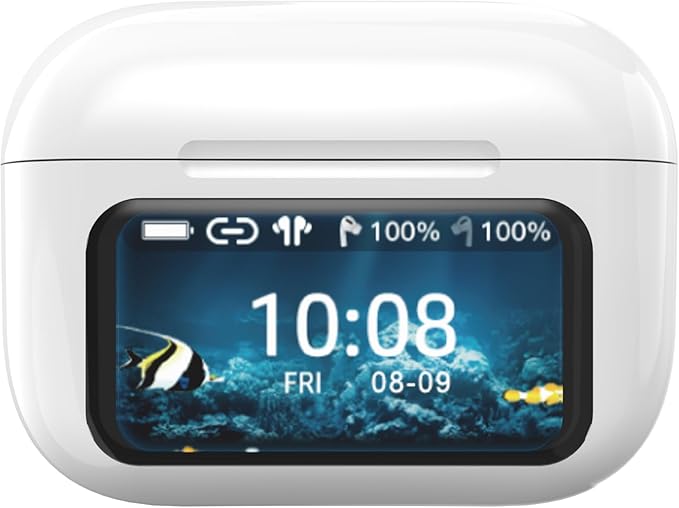 IQ Sound IQ-341 ANC & ENC Bluetooth Earphone with Touchscreen Display Charging Case, True Wireless Earbuds, Stereo Sound, Dual Mic, Voice Assistant, In-Ear Detection, USB-C Charging (White)
