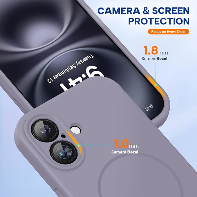 Miracase Magnetic for iPhone 16 Plus Case, [Soft Anti-Scratch Microfiber Lining], Magnetic for MagSafe, Liquid Silicone Shockproof Drop Protection Phone Case for 16 Plus,Lavender Gray