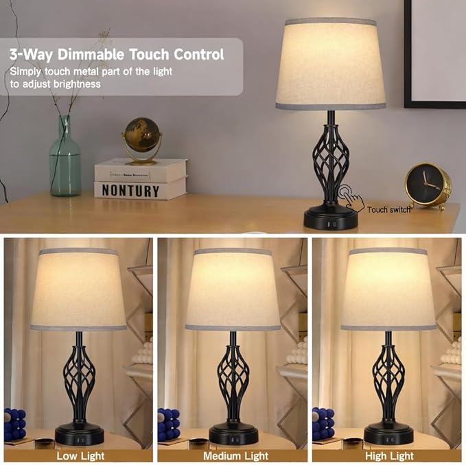Ruiever Touch Table Lamps Set of 2, nightstand lamp with USB Ports Bedside 3 Way Touch dimmer Desk lamp for Living Room Bedroom,Black Painted Spiral cage Base Design Warm White dimmer Bulbs Included.
