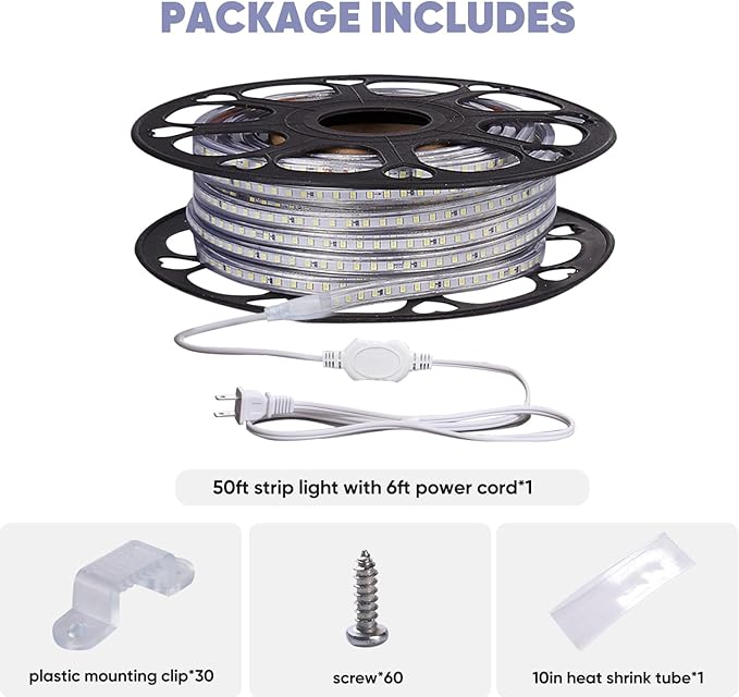 Shine Decor LED Strip Light 50FT 120VAC, Super Bright 6337 Lumens Dimmable, IP65 Waterproof for Outdoor Indoor, 3000K Warm White Lighting Rope 6x10mm, ETL Listed 15M Every 1.6ft Cuttable