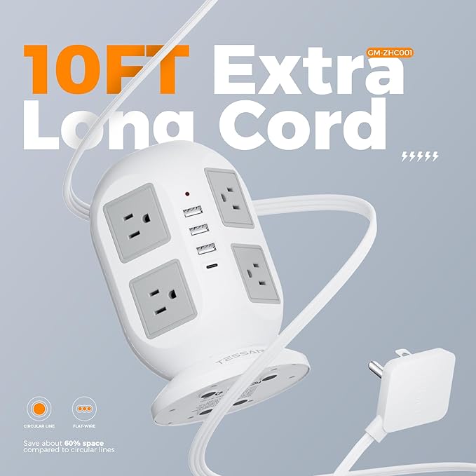 Tower Surge Protector Power Strip 10 ft, Long Flat Extension Cord with Multiple Outlets, 8 AC Outlets with 4 USB Ports, 1 Built-in USB Cable, Charging Station with Surge Protection, for Home Office