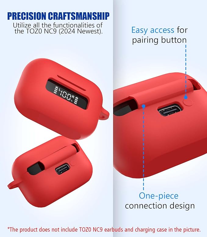 for TOZ0 NC9(2024) Case Cover, Silicone Protective Battery Display Visible Design Cover ONLY for TOZO NC9 Hybrid Active Noise Cancelling Wireless Earbuds 2024 Version with Carabiner-Red